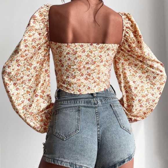 Boho Orange Floral Print Front Tie Puff Sleeve Top - Picture 4 of 5